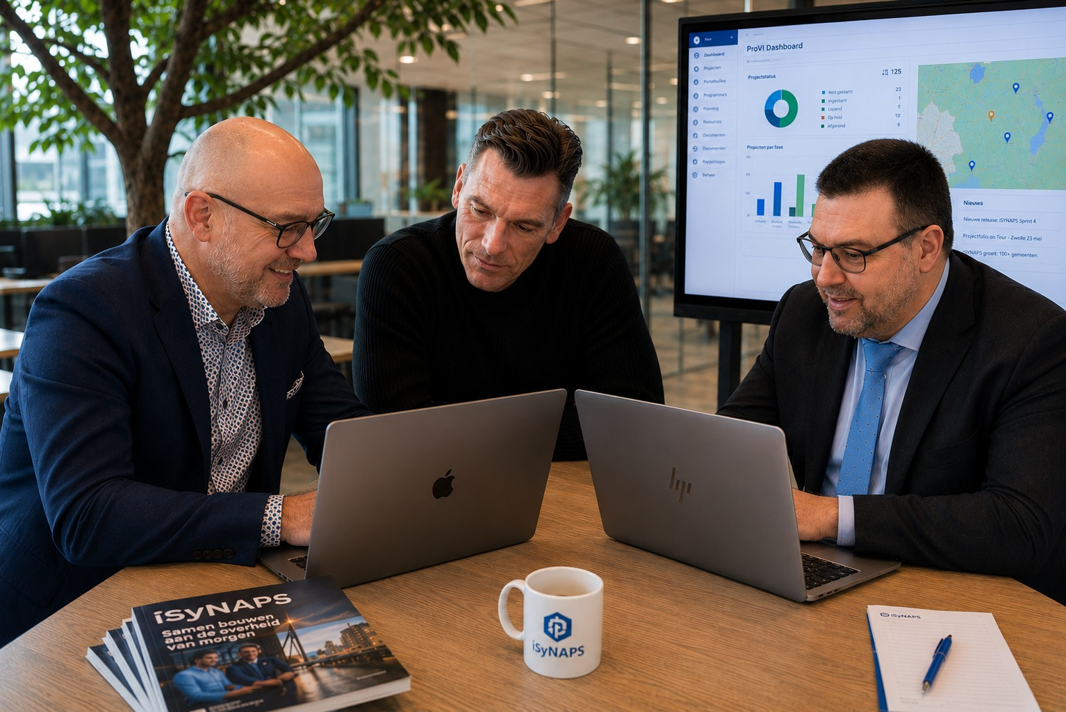 De drijvende krachten achter het iSyNAPS eco-systeem — drie professionals in overleg achter laptops